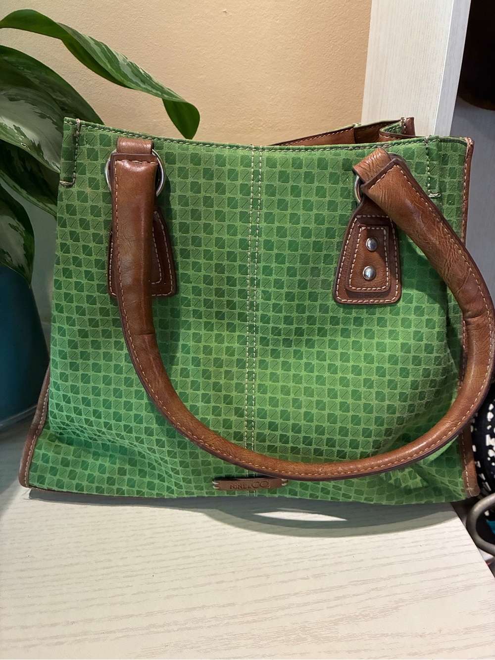 Nine & Co. Green Patterned Tote with Brown Leather Handles